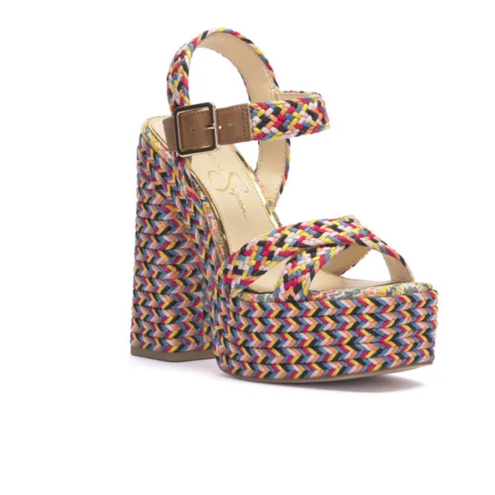 Jessica Simpson Brycen Platform sandal knit woven red blue buckle size 6 shoe